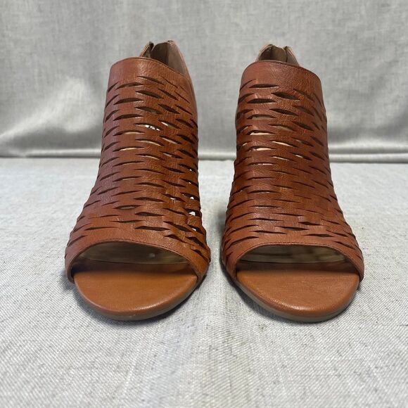Franco Sarto A-Salito Heels Tan Leather Cut Outs Peep Toe Women's Size 6 - Picture 4 of 12